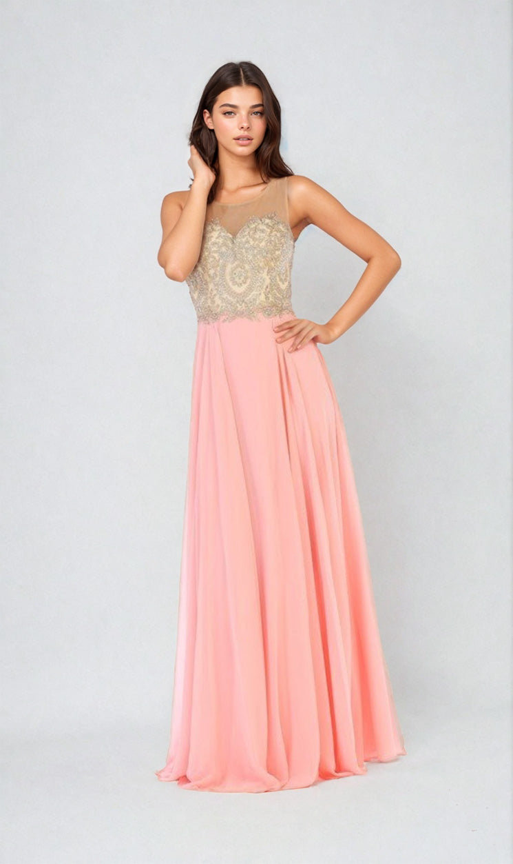 A woman wears the Chicas C3320 Embroidered-Bodice Long Prom Dress, featuring a sleeveless gold-embroidered bodice and a flowing light pink A-line skirt, set against a plain light background.